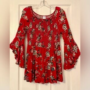 Time and Tru Red Floral Bell Sleeve Blouse